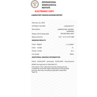 1.12 Carat Lab Grown Diamond