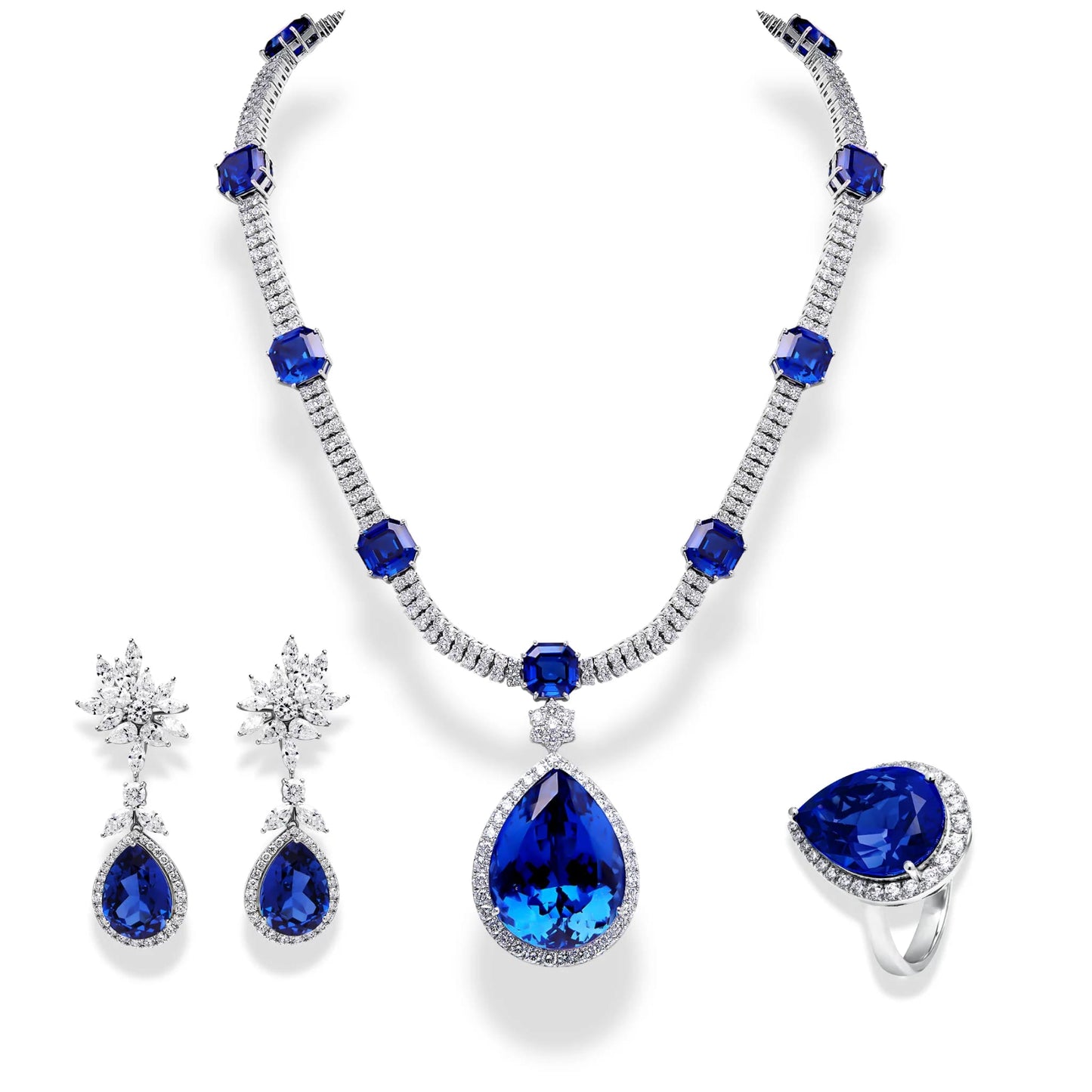 Luxurious 18 KT Gold Jewelry Collection Adorned with Diamonds and Blue Sapphires